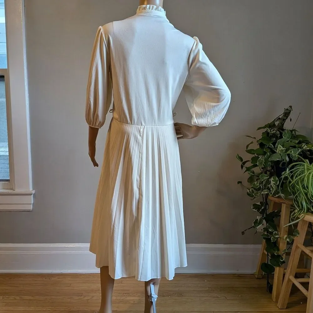 Vintage 80s White Midi Dress High Neck Button Front Victorian Pleated Size 12